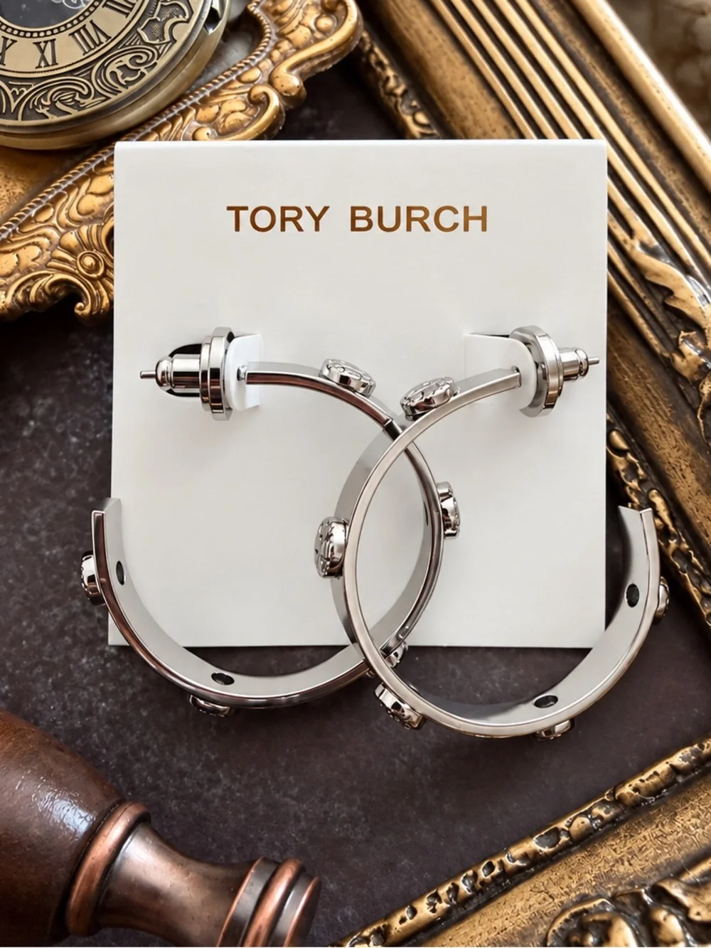 TORY BURCH • Silver Milgrain Logo Hoop Earrings Includes Tory Burch Jewelry Bag